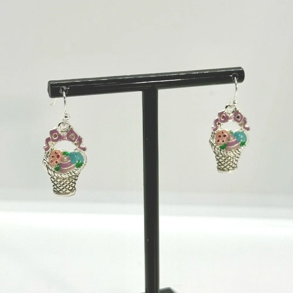 Easter Basket Drop Earrings Silver Tone Enamel‎ Pastel Eggs Bow Spring Jewelry